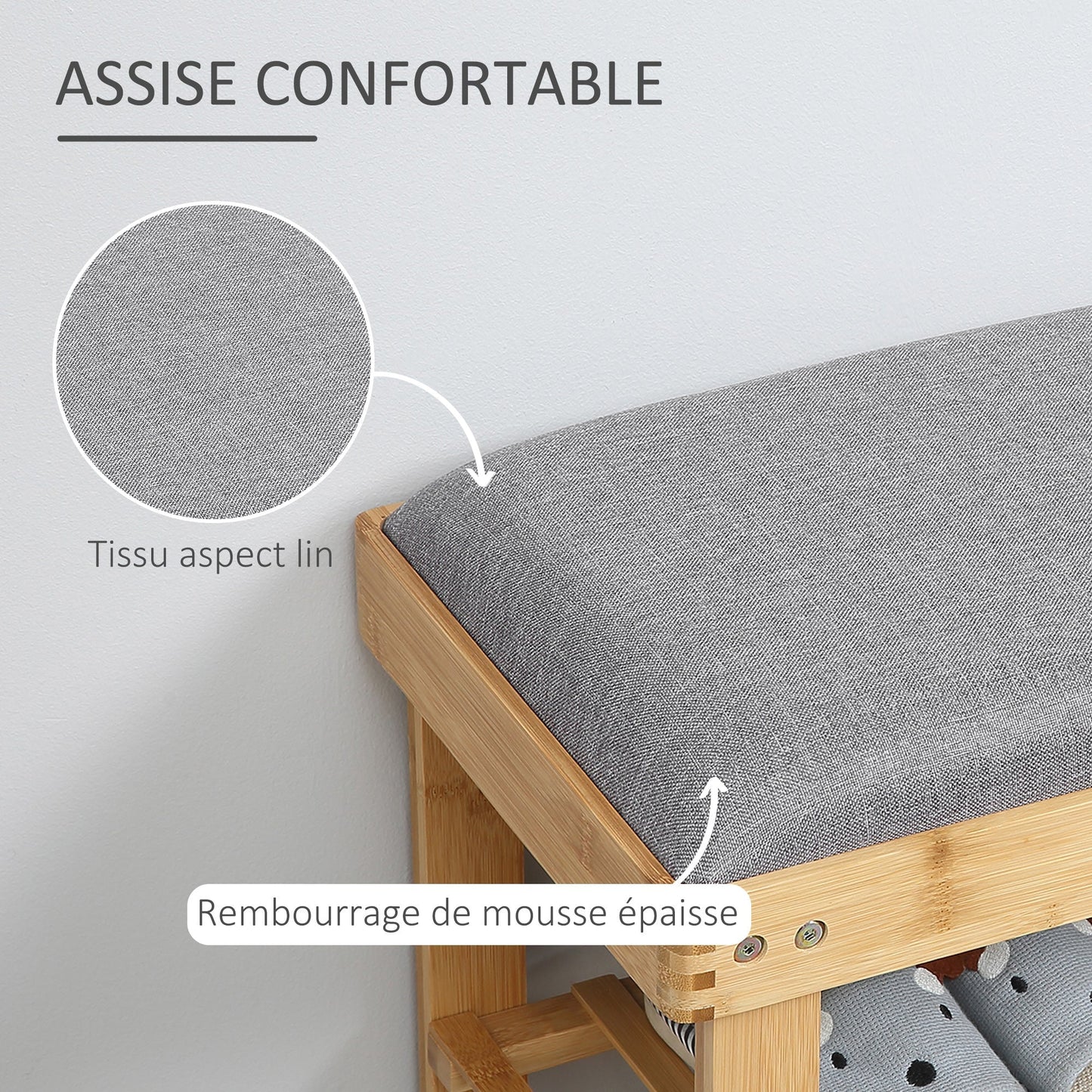 HOMCOM Shoe Storage Bench with Shoe Cabinet, 2 Shelves and Integrated Grey Cushion, made of Bamboo