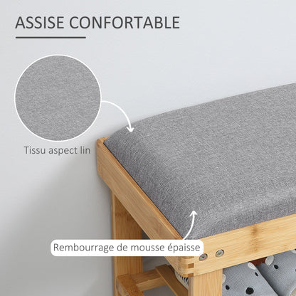 HOMCOM Shoe Storage Bench with Shoe Cabinet, 2 Shelves and Integrated Grey Cushion, made of Bamboo