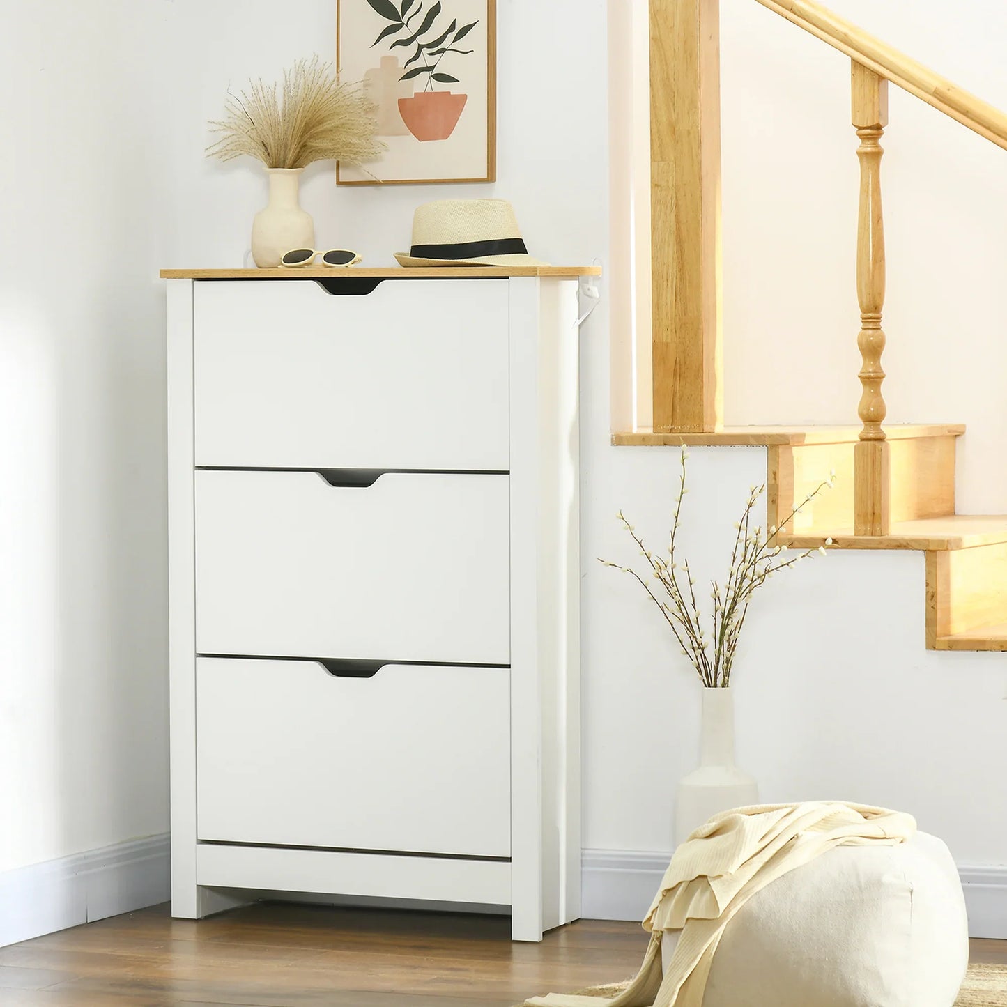 HOMCOM Shoe Cabinet with 3 Tipping Doors, Shoe Rack, Slim Shoe Cabinet with Adjustable Compartment, Shoe Cabinet for 18 Pairs of Shoes 72 x 26 x 112 cm, White+Natural