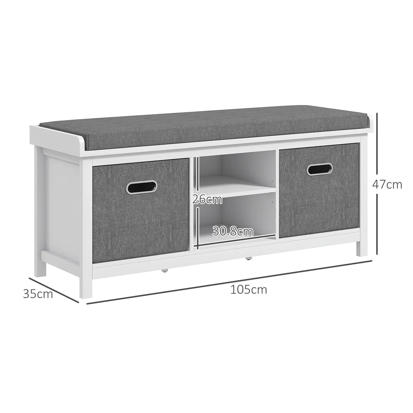 HOMCOM Schuhbank mit verstellbarem 3-stufigem Regal, 2 herausnehmbaren Schubladen und Polster, Möbel aus Spanplatte, 105x35x47 cm, Weiß und Grau