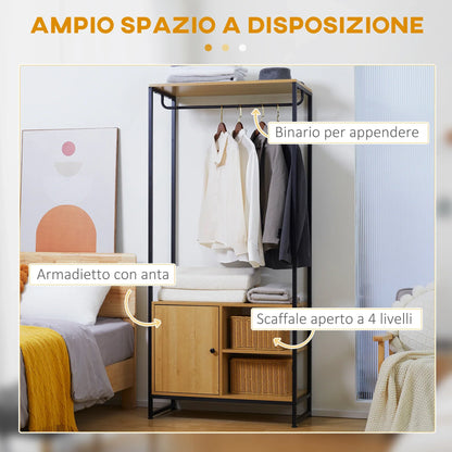 HOMCOM Industrial Style Clothes Rack Made of Steel and Wood, Wardrobe with Shelf and 2 Open Side Compartments, 80x40x180cm, Natural