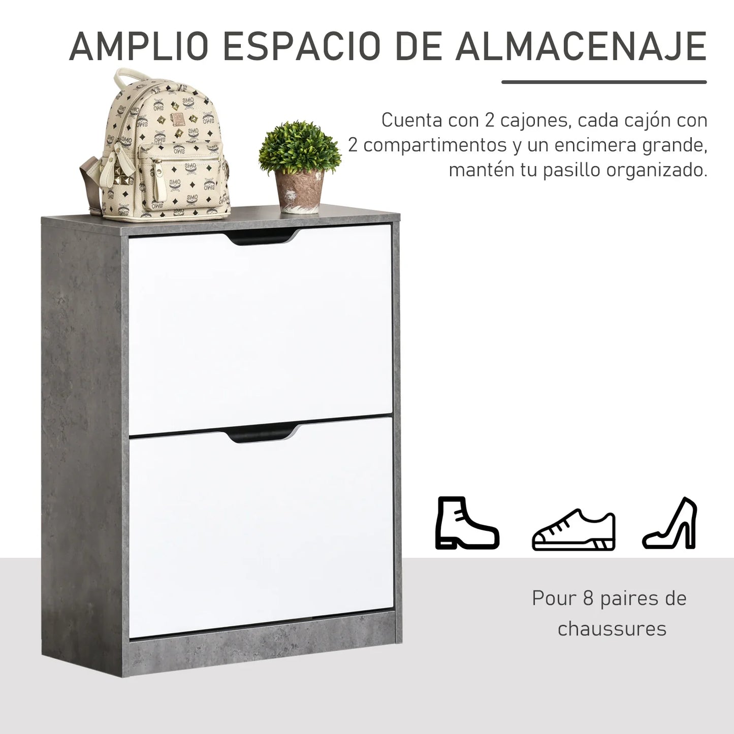 HOMCOM Holz Schuhschrank Schuhregal mit 2 Klapptüren und 4 Ablagen für 8 Paare im Eingangsbereich Flur Schlafzimmer 62,5x26x81 cm Grau