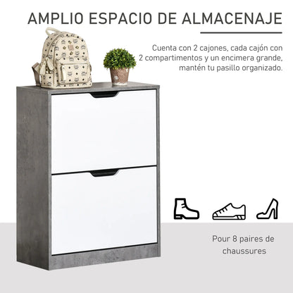 HOMCOM Holz Schuhschrank Schuhregal mit 2 Klapptüren und 4 Ablagen für 8 Paare im Eingangsbereich Flur Schlafzimmer 62,5x26x81 cm Grau