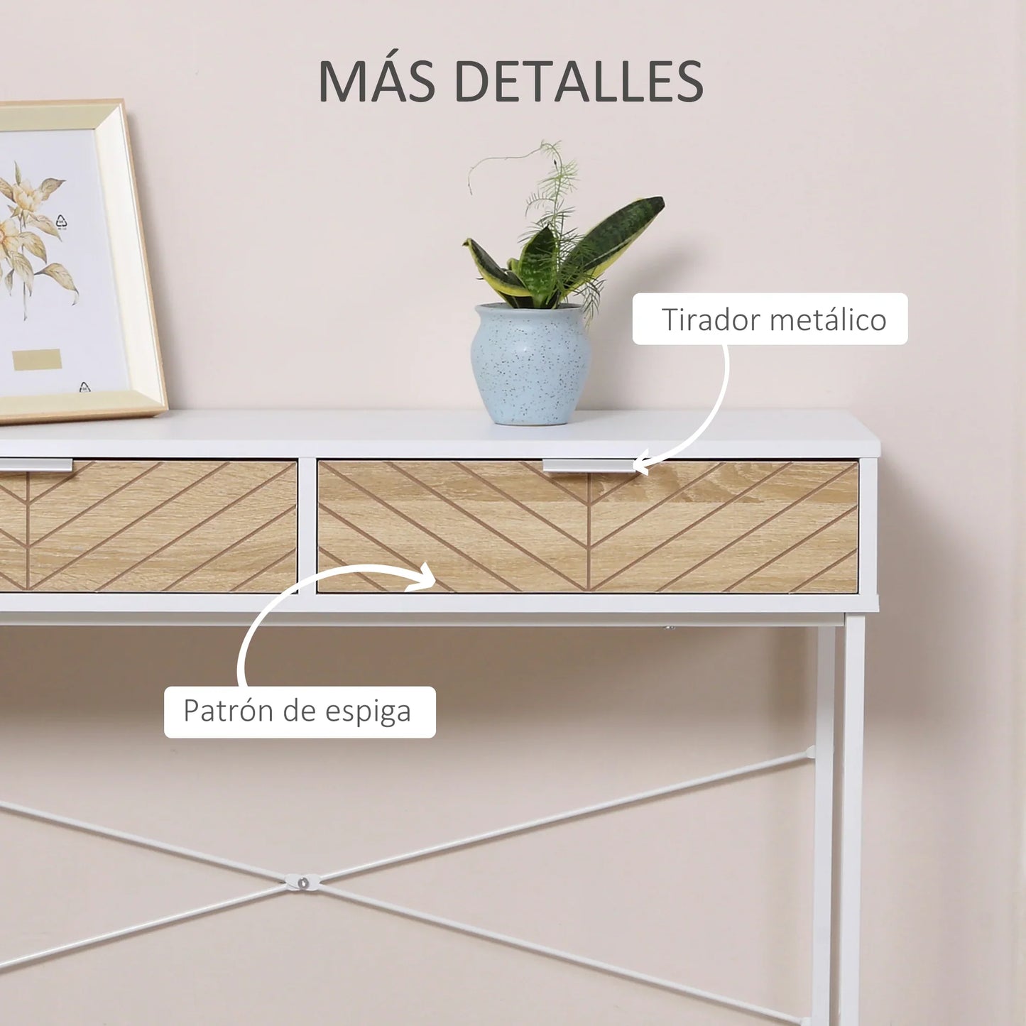 HOMCOM Schmale Konsole für den Eingangsbereich mit 2 Schubladen, modernes Design mit eingeprägten Linien für Flur, Wohnzimmer und Schlafzimmer 100x30x75 cm Weiß und Eiche