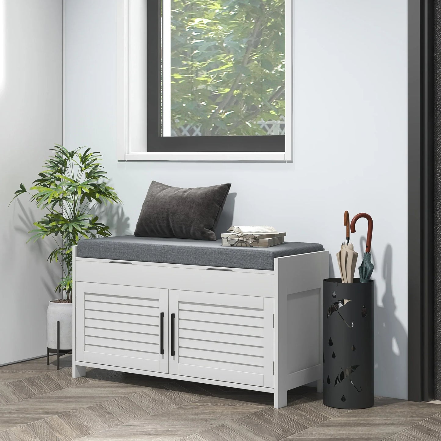 HOMCOM Schuhbank mit verstellbarer Innenablage in 3 Höhen, schlanke Schuhbank aus MDF mit Leinenbezug, 90x36x50 cm, Weiß und Grau