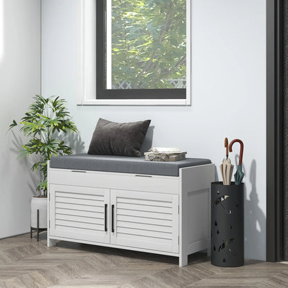 HOMCOM Schuhbank mit verstellbarer Innenablage in 3 Höhen, schlanke Schuhbank aus MDF mit Leinenbezug, 90x36x50 cm, Weiß und Grau