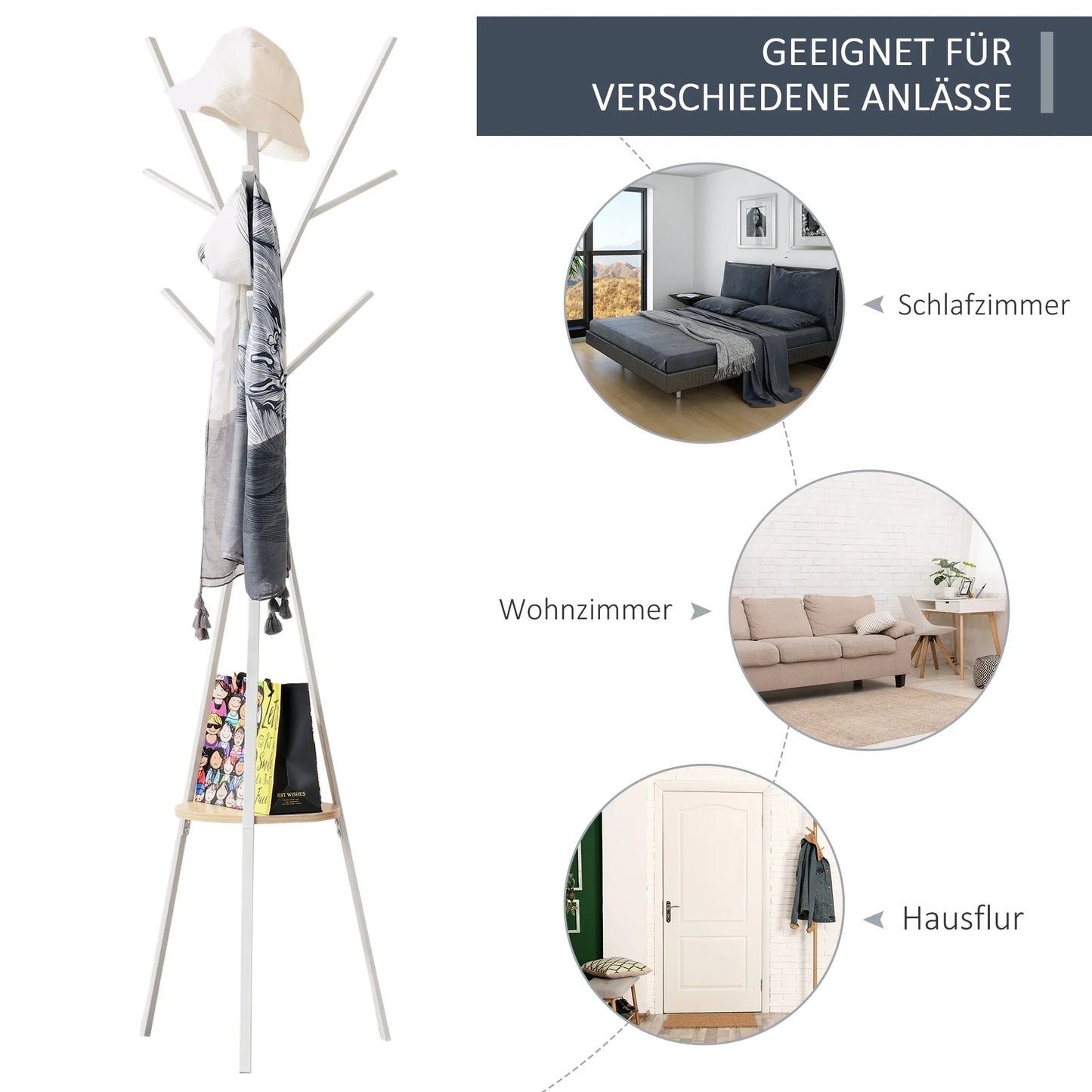 HOMCOM Garderobenständer, Hutständer mit 8 Haken, Kleiderständer mit Ablage, Standgarderobe für Kleidung, Hüte, Taschen, Metall, Weiß, 45 x 45 x 180 cm