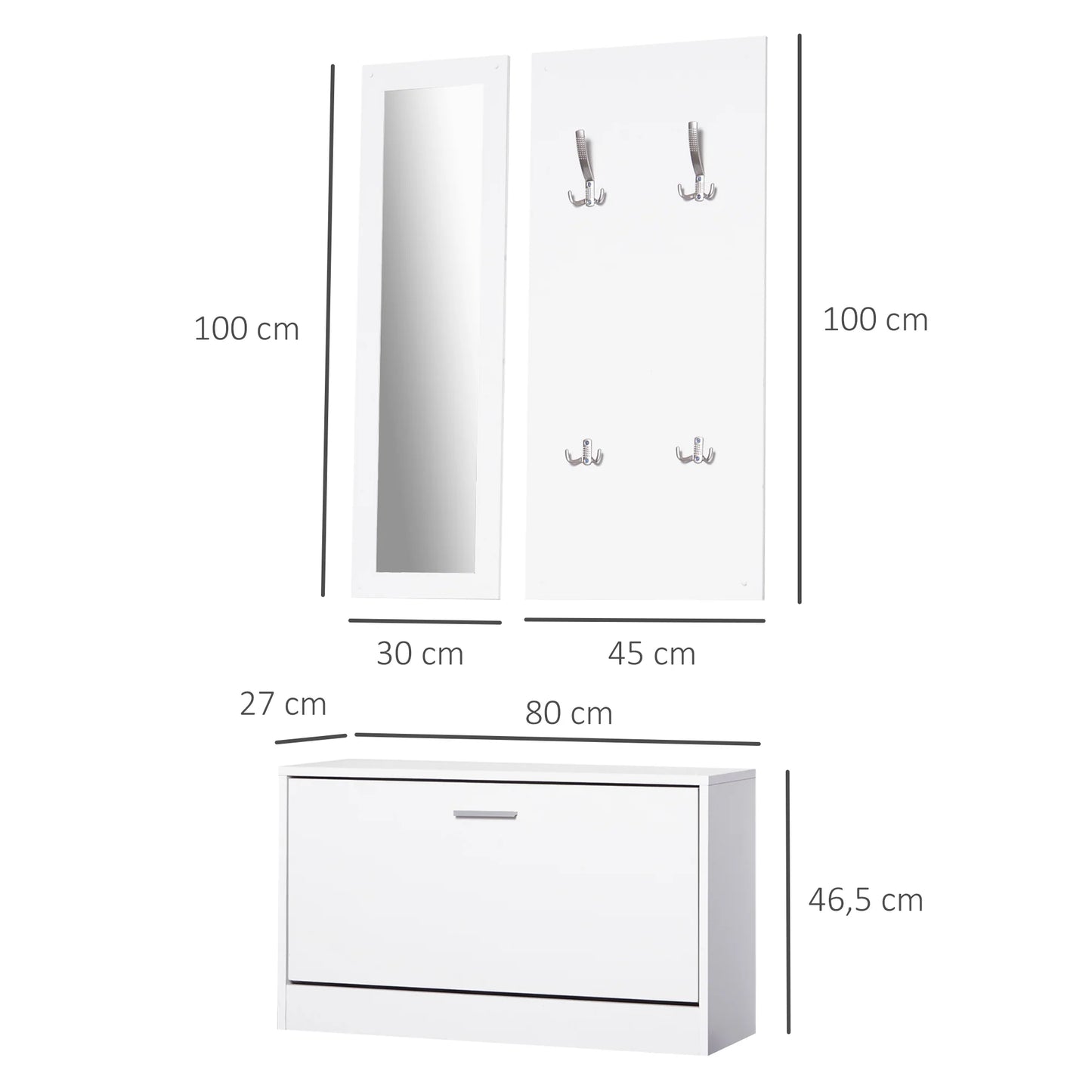 HOMCOM Möbelset für den Eingangsbereich 3-teiliges Schuhschrank-Spiegel-Garderobe mit 4 Haken zum Aufhängen von Kleidung 80x27x46,5 cm Weiß