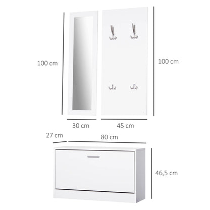 HOMCOM Möbelset für den Eingangsbereich 3-teiliges Schuhschrank-Spiegel-Garderobe mit 4 Haken zum Aufhängen von Kleidung 80x27x46,5 cm Weiß