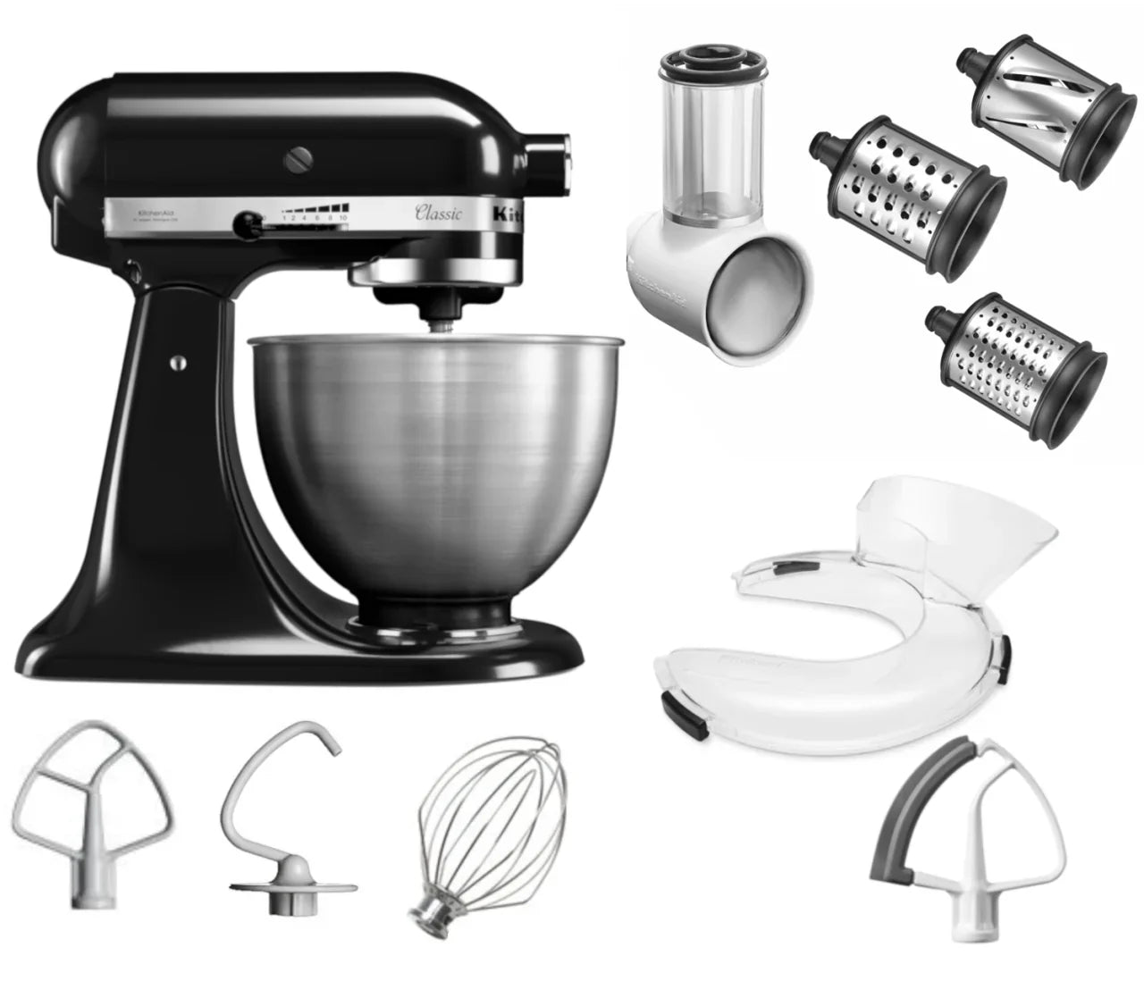 KitchenAid 4,3 L 5K45SS Classic Küchenmaschine Set 3 Gemüseschneider+Spritzschutz+Flexi-Rührer