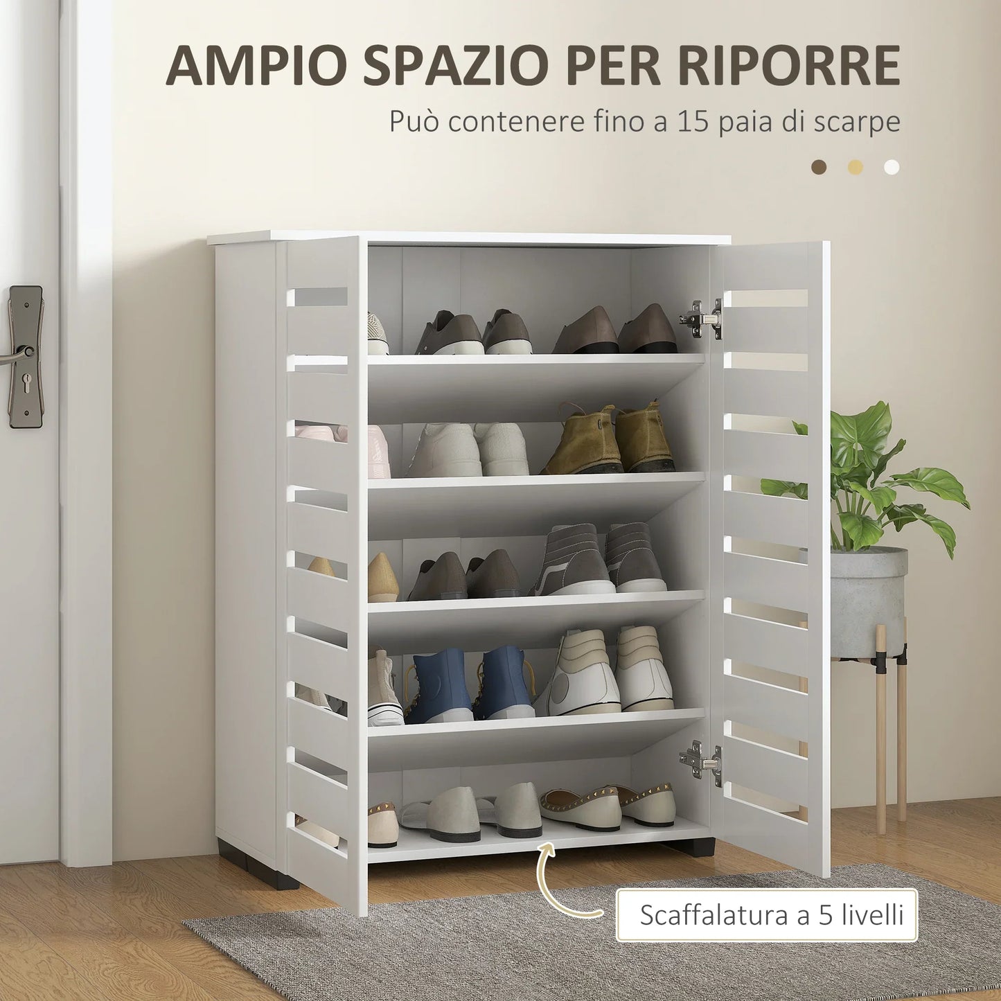 HOMCOM 5-Tier Shoe Cabinet with 4 Adjustable Shelves and Louvered Doors, Modern Space-Saving Wooden Shoe Organizer, 76x33x98 cm, White