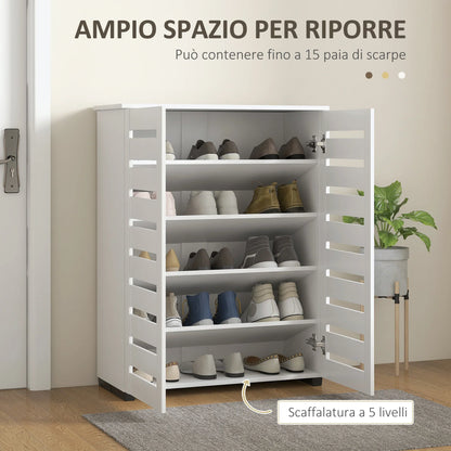 HOMCOM 5-Tier Shoe Cabinet with 4 Adjustable Shelves and Louvered Doors, Modern Space-Saving Wooden Shoe Organizer, 76x33x98 cm, White
