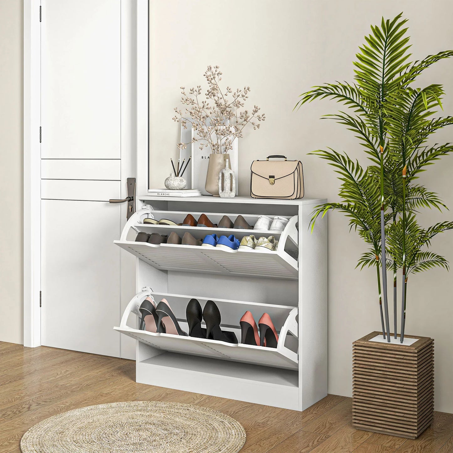 HOMCOM Modernes Schuhregal Eingangs-Schuhschrank mit 2 Klapptüren und verstellbaren Regalen für 16 Paar Schuhe, schmaler Schuhschrank für Flur, 81,5x25x83 cm, Weiß