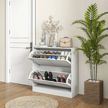 HOMCOM Modernes Schuhregal Eingangs-Schuhschrank mit 2 Klapptüren und verstellbaren Regalen für 16 Paar Schuhe, schmaler Schuhschrank für Flur, 81,5x25x83 cm, Weiß