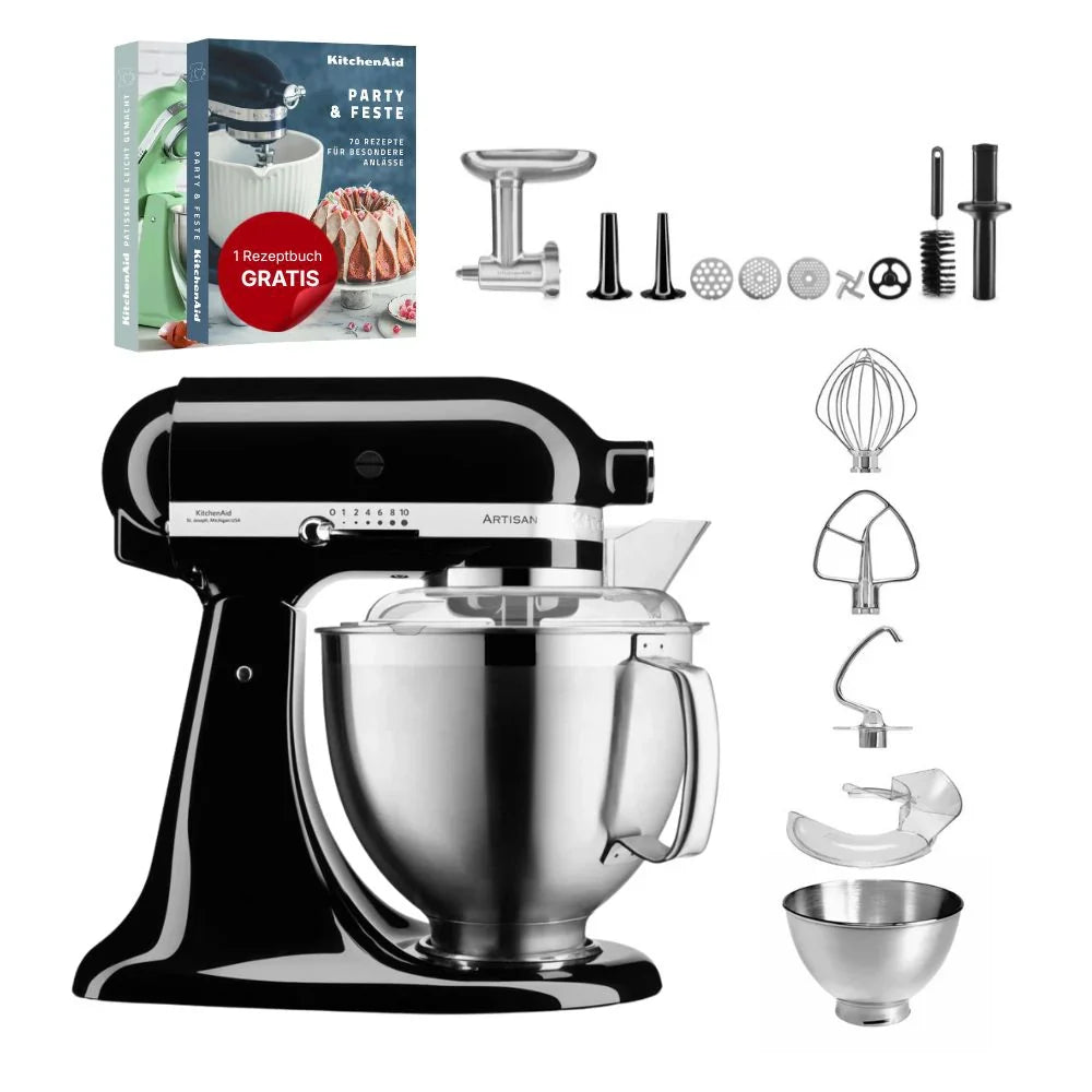 KitchenAid 4,8 L 5KSM185 Artisan Küchenmaschine Fleischliebhaber-Edition Fleischwolf Metall 5KSMMGA Gr. 8 und Spritzgebäckvorsatz