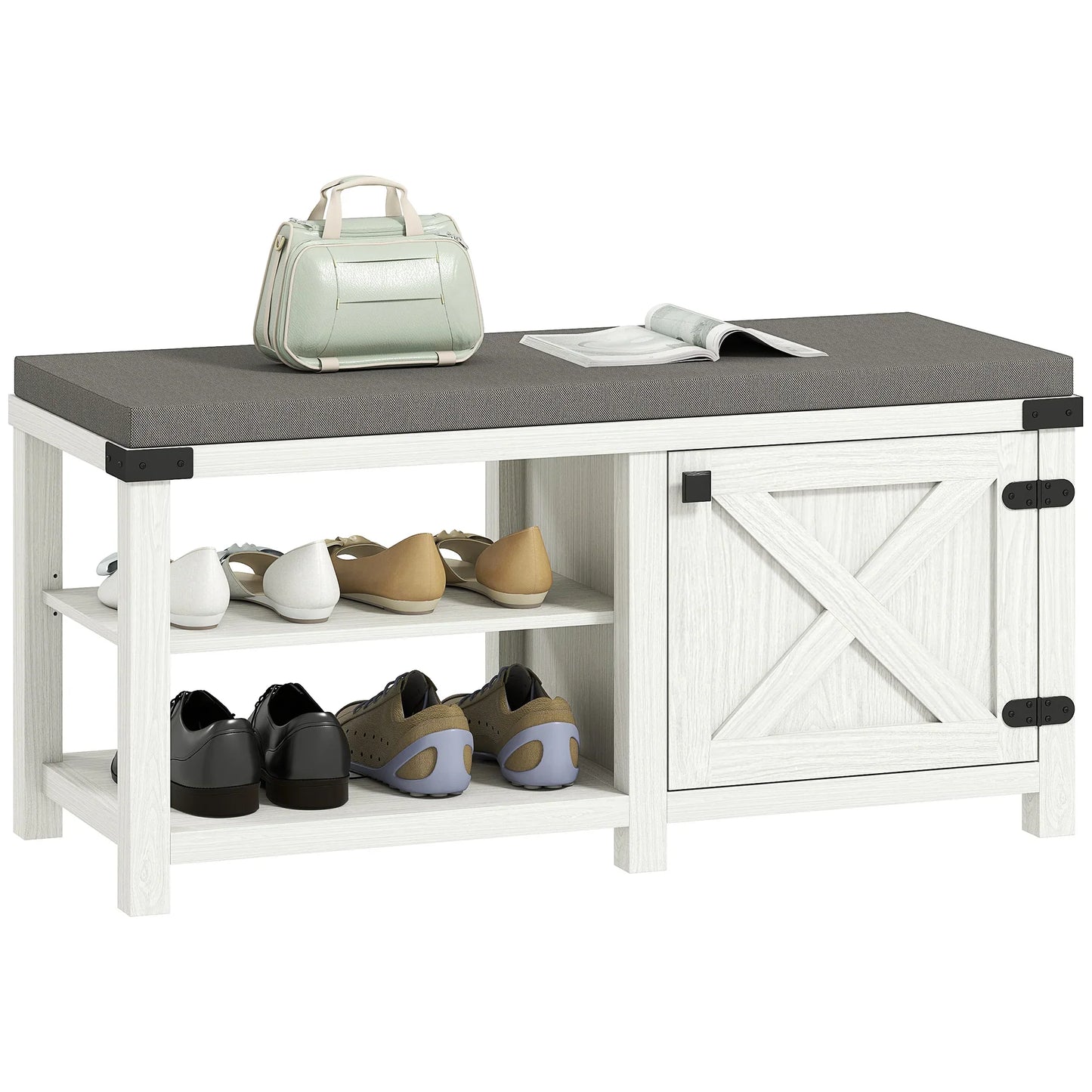 HOMCOM Rustikaler Schuhbänke Schuh Organizer mit Sitzplatz Schuhlagerbank mit Fächern und Kissen für 7 Paar Schuhe für Flur Wohnzimmer Schlafzimmer 100x40x48 cm Weiß und Grau