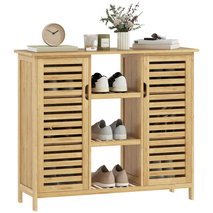 HOMCOM Bamboo Shoe Cabinet with 2 Louvred Doors - Shoe Rack for the Entrance Area with Shelves and Open Compartments for 9 Pairs of Shoes 100x33x86 cm Natural