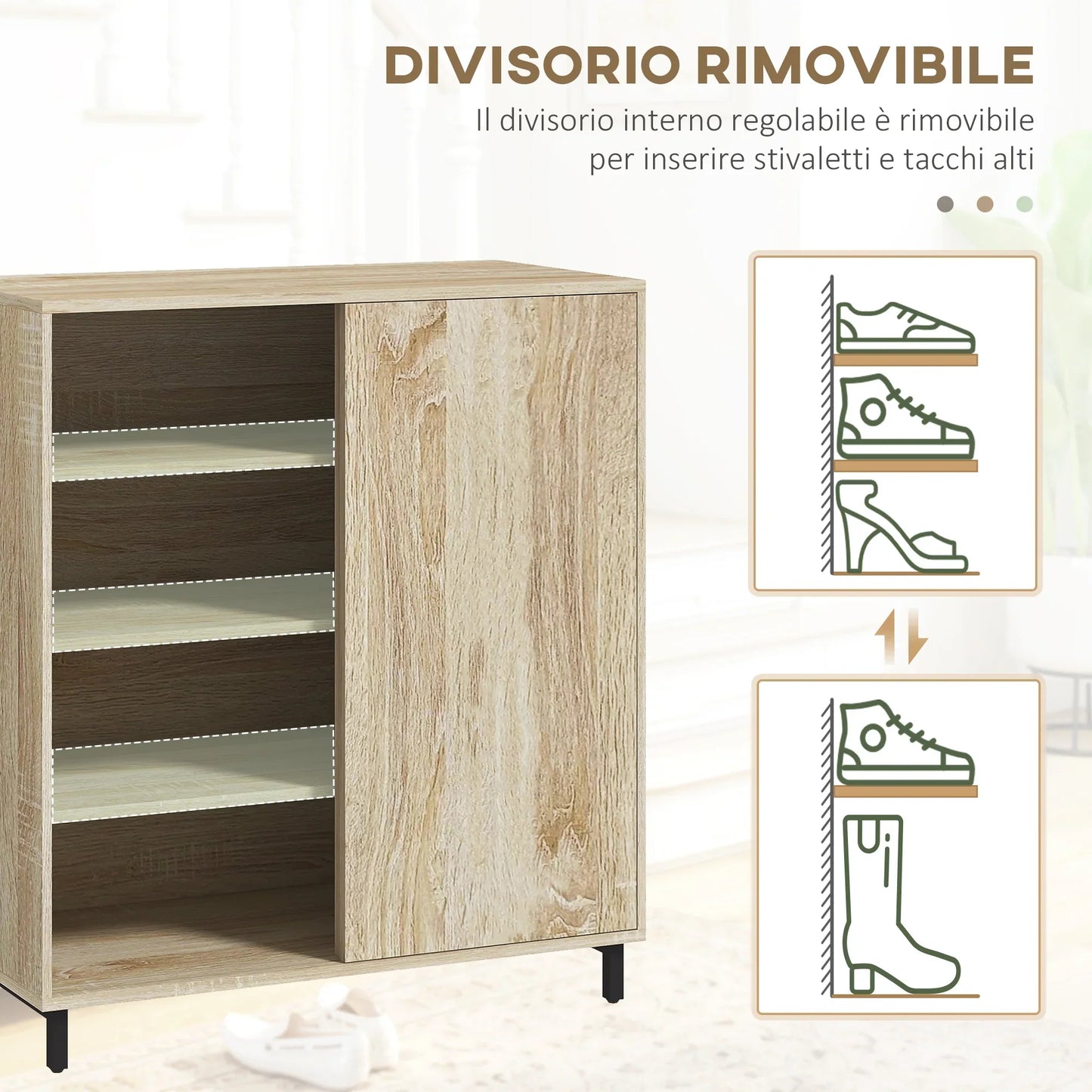 HOMCOM 4-stöckiger Schuhschrank für den Eingangsbereich, Spanplatte und Stahl, Schuhaufbewahrung mit Schiebetür, Schuhregal mit Ablagen für bis zu 12 Paar Schuhe, 80x40x93 cm, Holzfarbe