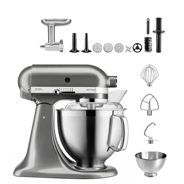 KitchenAid 4,8 L 5KSM185 Artisan Küchenmaschine Fleischliebhaber-Edition Fleischwolf Metall 5KSMMGA Gr. 8 und Spritzgebäckvorsatz
