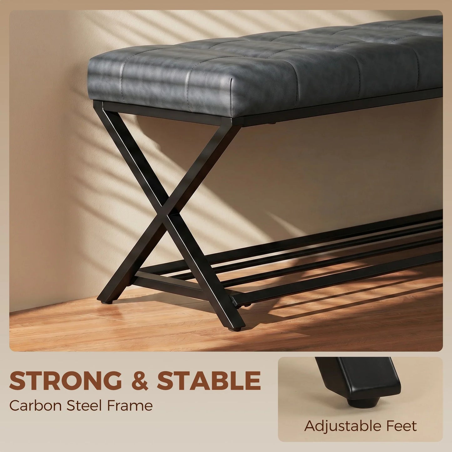 HOMCOM Gepolsterte Schuhbank mit Stauraum – Industrieller X-Rahmen aus Stahl, PU-Kunstleder, 220 kg Tragfähigkeit, 112×37×47 cm, Dunkelgrau