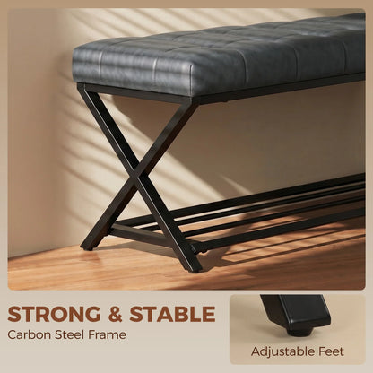 HOMCOM Gepolsterte Schuhbank mit Stauraum – Industrieller X-Rahmen aus Stahl, PU-Kunstleder, 220 kg Tragfähigkeit, 112×37×47 cm, Dunkelgrau