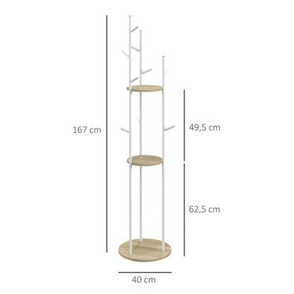 HOMCOM Freestanding Coat Rack made of Steel with 9 Hooks and 2 Round Shelves - Ø 40 x 167 cm in Natural and White