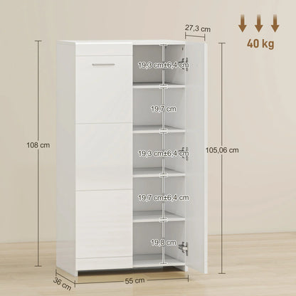HOMCOM Schuhschrank, 2-türig, 5 Ablagen, verstellbare Einlegeböden, fasst 10 Paar, Hochglanzweiß, 55 x 36 x 108 cm