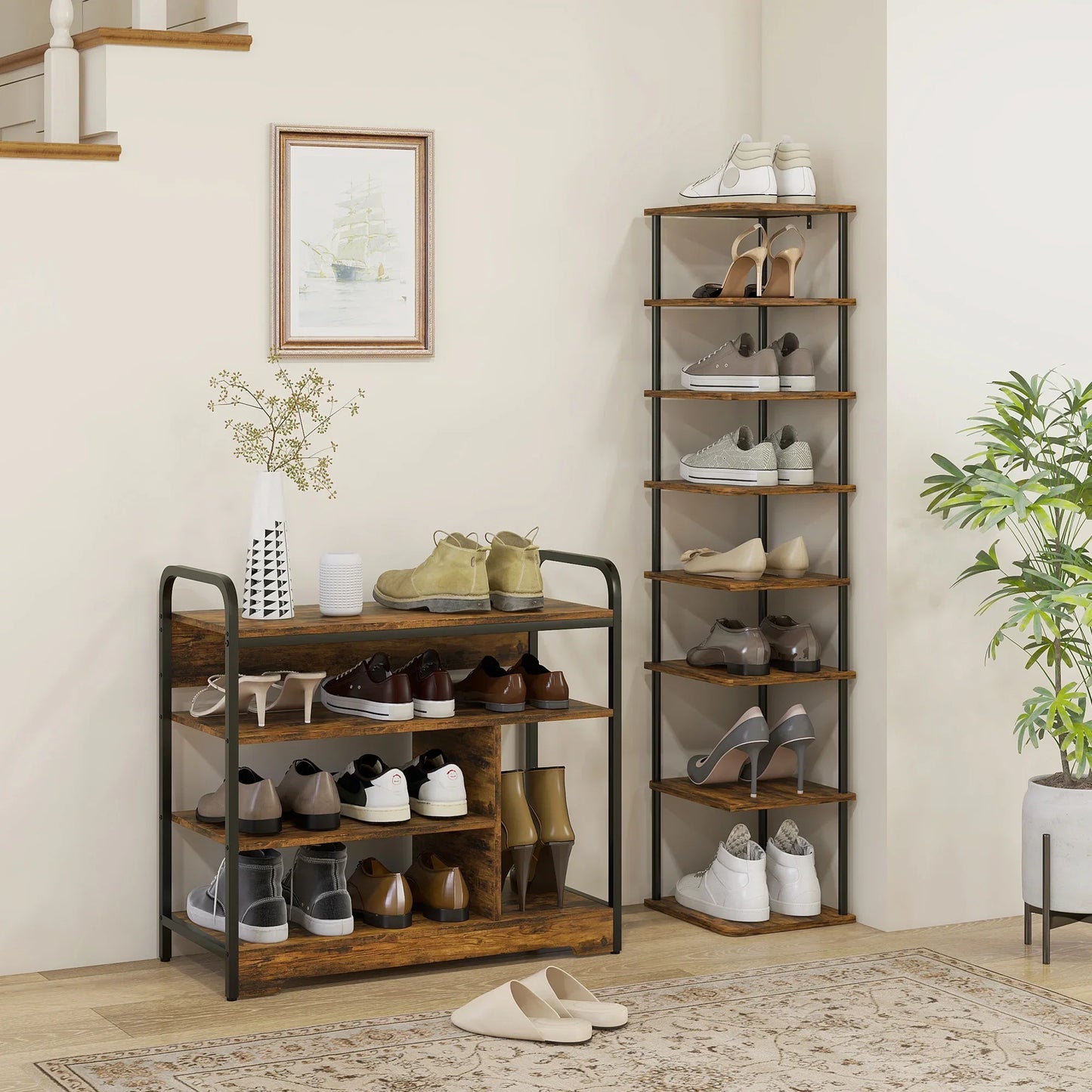 HOMCOM Shoe Rack with 4 Tiers, Shoe Shelf with Handle, Shoe Stand for 11 Pairs of Shoes, Space-Saving Shoe Storage, Shoe Organizer for Entryway, Hallway, Rustic Brown