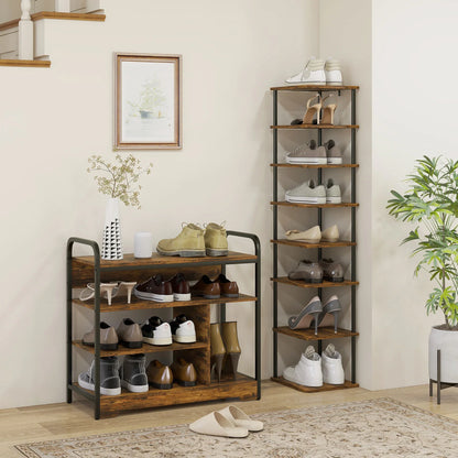 HOMCOM Shoe Rack with 4 Tiers, Shoe Shelf with Handle, Shoe Stand for 11 Pairs of Shoes, Space-Saving Shoe Storage, Shoe Organizer for Entryway, Hallway, Rustic Brown
