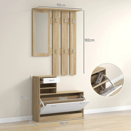 HOMCOM Flur-Organizer mit Spiegel, Garderobe und Schuhschrank – 2-teiliges Möbelset für den Eingangsbereich mit 6 Haken, Regalen und Klappschublade für einen natürlichen Flur