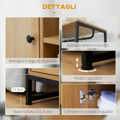 HOMCOM Industrial Style Clothes Rack Made of Steel and Wood, Wardrobe with Shelf and 2 Open Side Compartments, 80x40x180cm, Natural