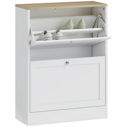 HOMCOM Shoe Cabinet for 12 Pairs, Slim Shoe Storage Cabinet, Modern Furniture Piece for the Entrance Area with 2 Flip-Down Drawers and Adjustable Shelves, for Hallway and Entrance Area, 60 x 24 x 80 cm, White
