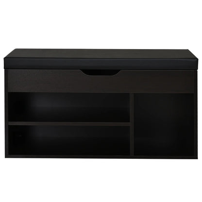 HOMCOM Gepolsterter Schuhschrank für den Eingangsbereich, Schuhbank mit Schuhregal, 3 Fächer, Sitzfläche aus PU-Leder, für Wohn- und Flurbereich, 80x30x43 cm, Schwarz