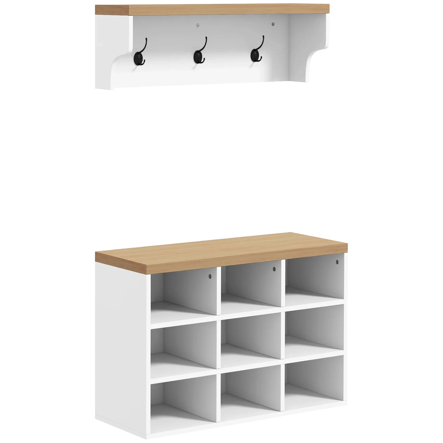 HOMCOM Coat Rack and Shoe Bench 2 in 1 Entrance Furniture with 3 Hooks and Shelves for 9 Pairs of Shoes 75x30x50 cm and 75x20x22.5 cm White