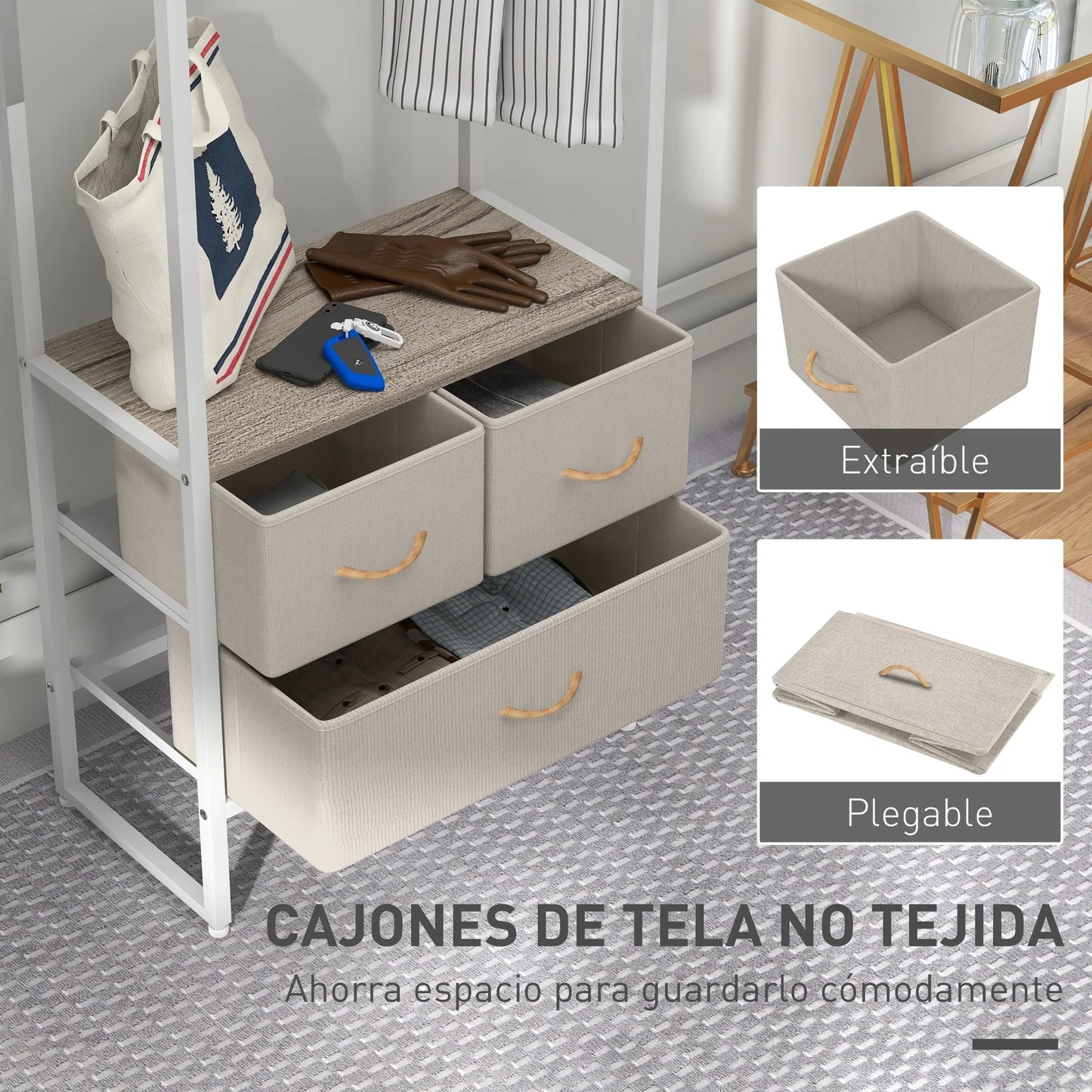 HOMCOM Coat Rack for Hallway with 3 Fabric Drawers, Clothes Rail and Shelf for Hallway, Bedroom, Living Room 58.5x30x178 cm Natural