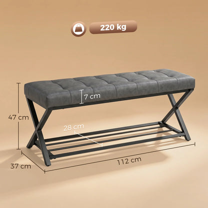 HOMCOM Gepolsterte Schuhbank mit Stauraum – Industrieller X-Rahmen aus Stahl, PU-Kunstleder, 220 kg Tragfähigkeit, 112×37×47 cm, Dunkelgrau