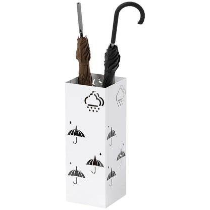 HOMCOM Steel Umbrella Stand with 4 Hooks and Removable Drip Tray - White Umbrella Holder for Hallway and Office 15.5x15.5x41 cm