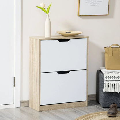HOMCOM Schuhschrank aus Holz mit 2 Klapptüren und 4 Ablagefächern für 8 Paar Schuhe für Flur, Diele, Schlafzimmer 62,5x26x81 cm Weiß und Natur