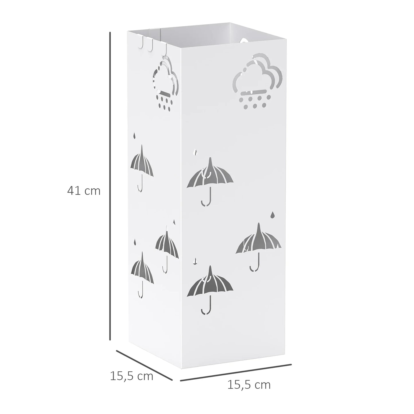 HOMCOM Steel Umbrella Stand with 4 Hooks and Removable Drip Tray - White Umbrella Holder for Hallway and Office 15.5x15.5x41 cm