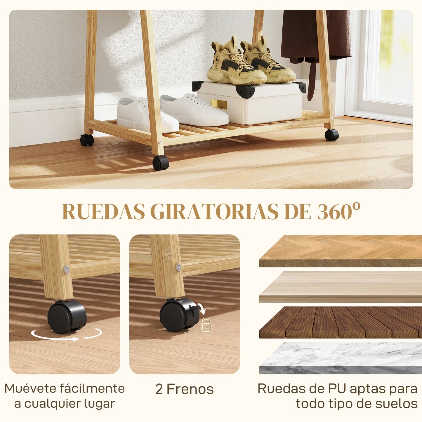 HOMCOM Bambus Kleiderständer mit Rollen, 2 offenen Regalen und 2 Haken, Kleiderständer für Eingangsbereich, Flur, Schlafzimmer 84,5x43,5x158 cm Natur