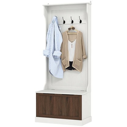 HOMCOM 3 in 1 Garderobenständer mit Schuhbank, platzsparender Boden-Garderobenständer mit 4 Haken und Ablagebank, MDF, für Flur, Schlafzimmer, 71,5x39,5x170 cm, Weiß und Braun