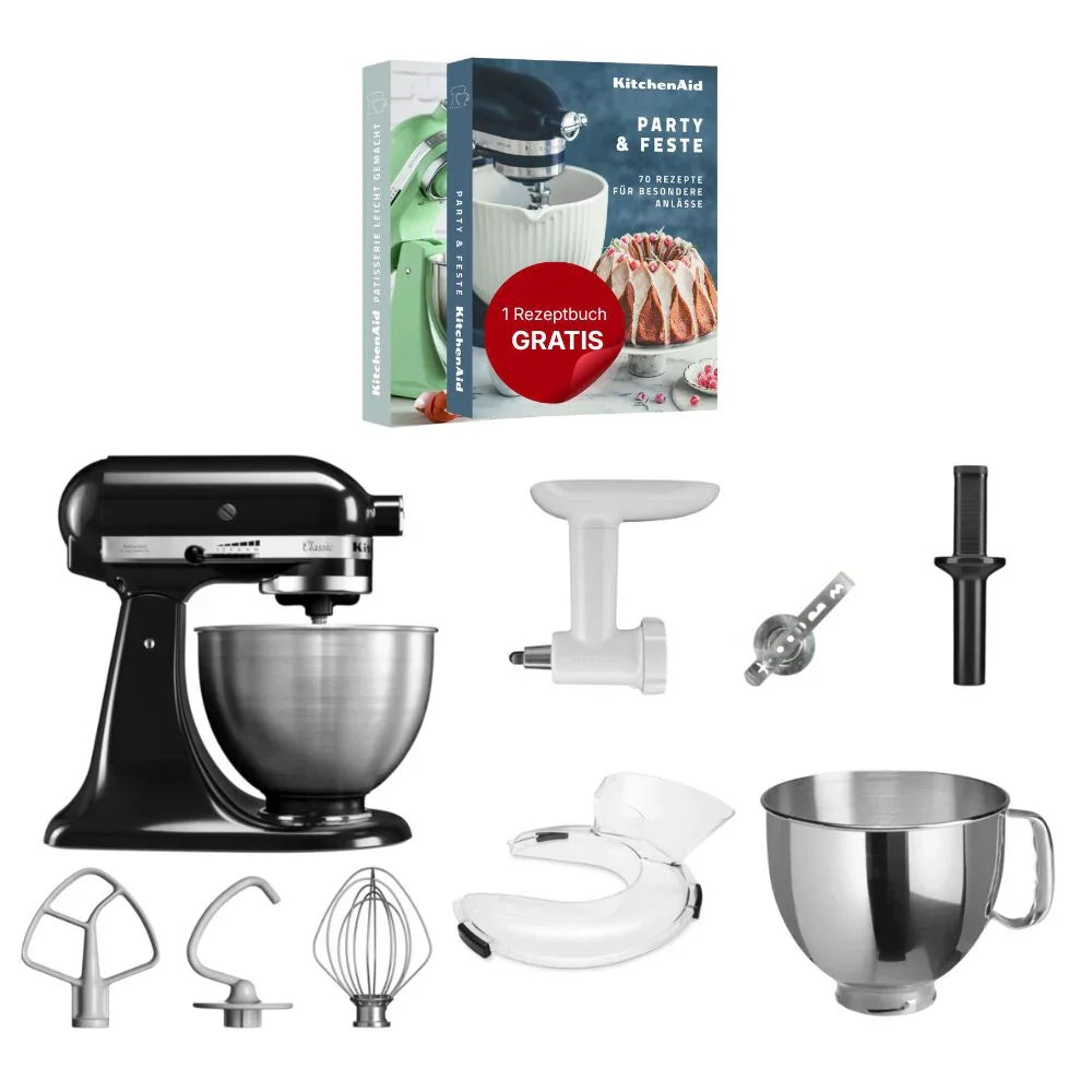 KitchenAid 4,3 L 5K45SS Classic Küchenmaschine Set 4 Fleischwolf+Spritzgebäckvorsatz+Schüssel+Spritzschutz