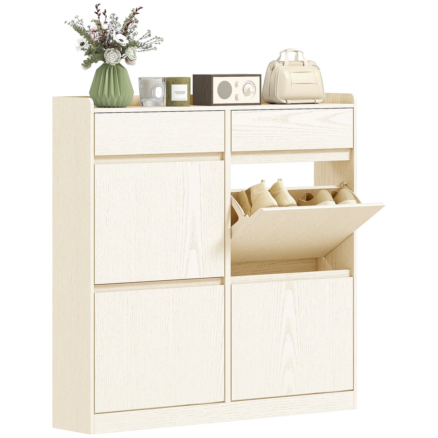 HOMCOM Narrow Shoe Cabinet with 4 Flip-Down Doors - Shoe Storage with 2 Drawers for 8 Pairs of Shoes, Ideal for the Hallway - 98x19.2x95.3 cm White