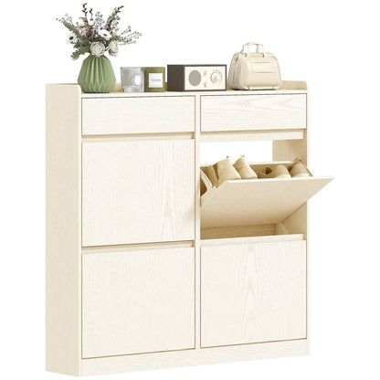 HOMCOM Narrow Shoe Cabinet with 4 Flip-Down Doors - Shoe Storage with 2 Drawers for 8 Pairs of Shoes, Ideal for the Hallway - 98x19.2x95.3 cm White