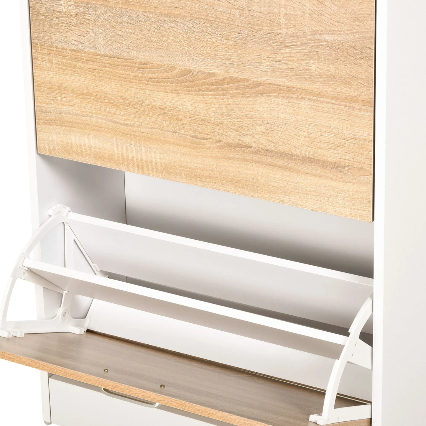 HOMCOM Schuhschrank mit 3 Schubladen, Glasablage und Aluminiumgriff für Flur, 50 kg Belastbarkeit, 60x24x105,5 cm - Natur