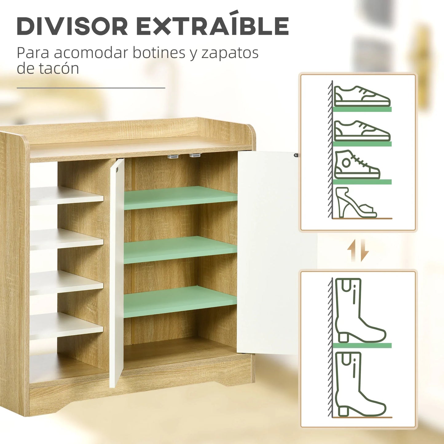 HOMCOM Moderner Schuhschrank Schmaler Schuhregal mit 2 Türen Stauraum für 13 Paar Schuhe Flur & Diele 80x30x80 cm Natur und Weiß
