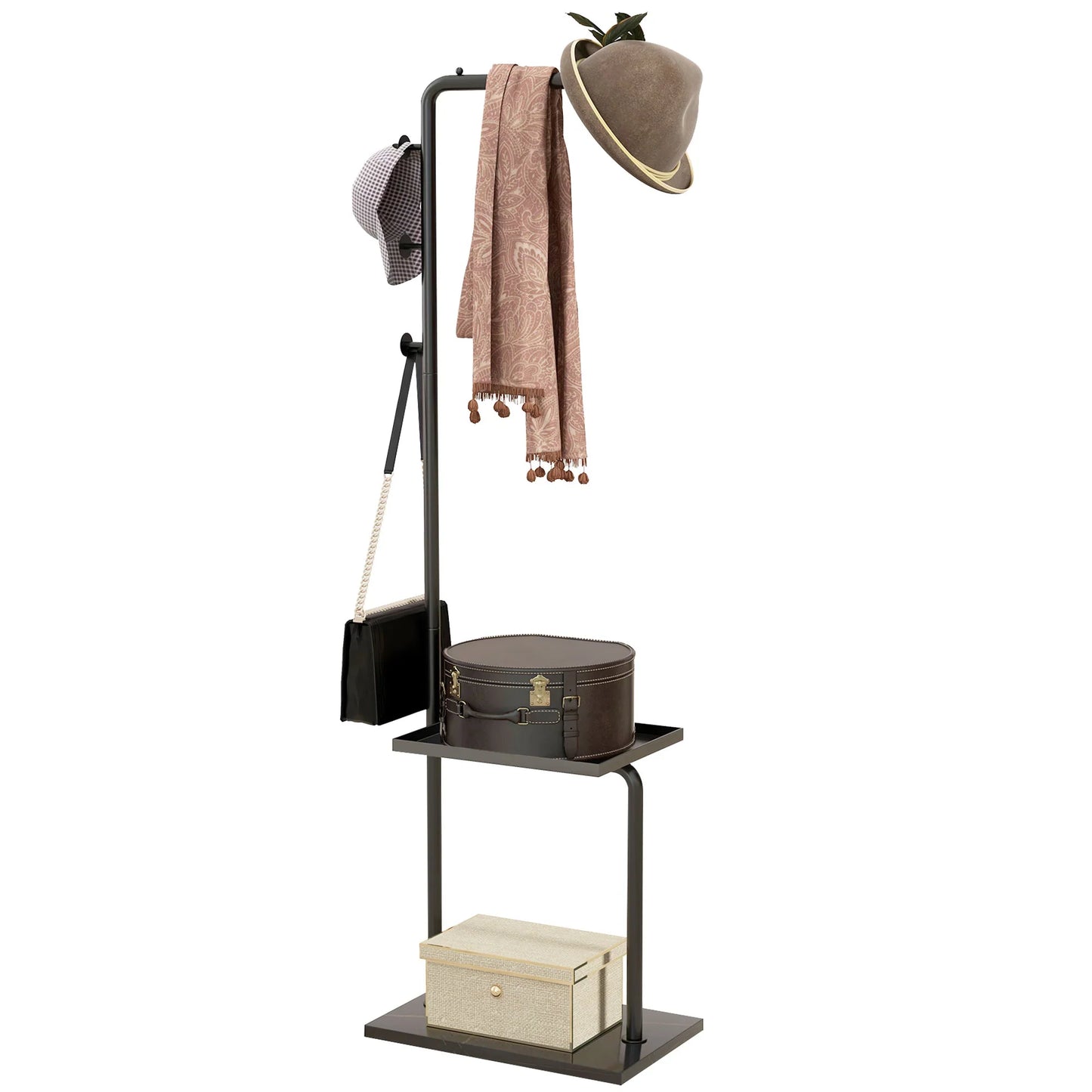 HOMCOM Garderobenständer, Kleiderständer mit Ablagen und Haken, Jackenständer, moderne Garderobe für Kleidung, Hut, Tasche, für Flur, Wohnzimmer, Schwarz