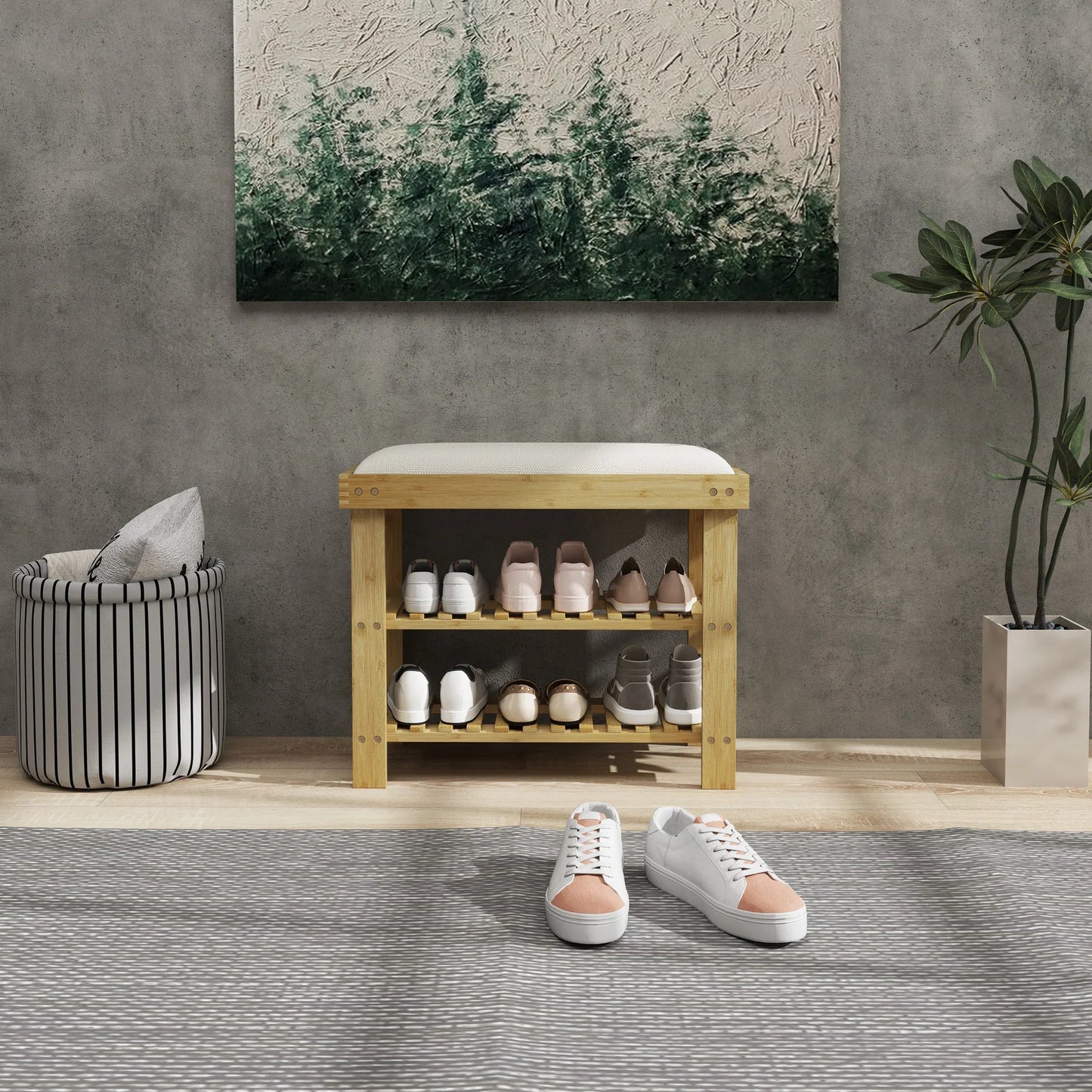 HOMCOM Schuhbank mit Sitzfläche, Bambus Sitzbank mit Stauraum, Schuhregal mit 2 offene Fächer, Sitzbank, Bank, Garderobenbank für Wohnzimmer, Flur, 60 x 29 x 49 cm Cremeweiß