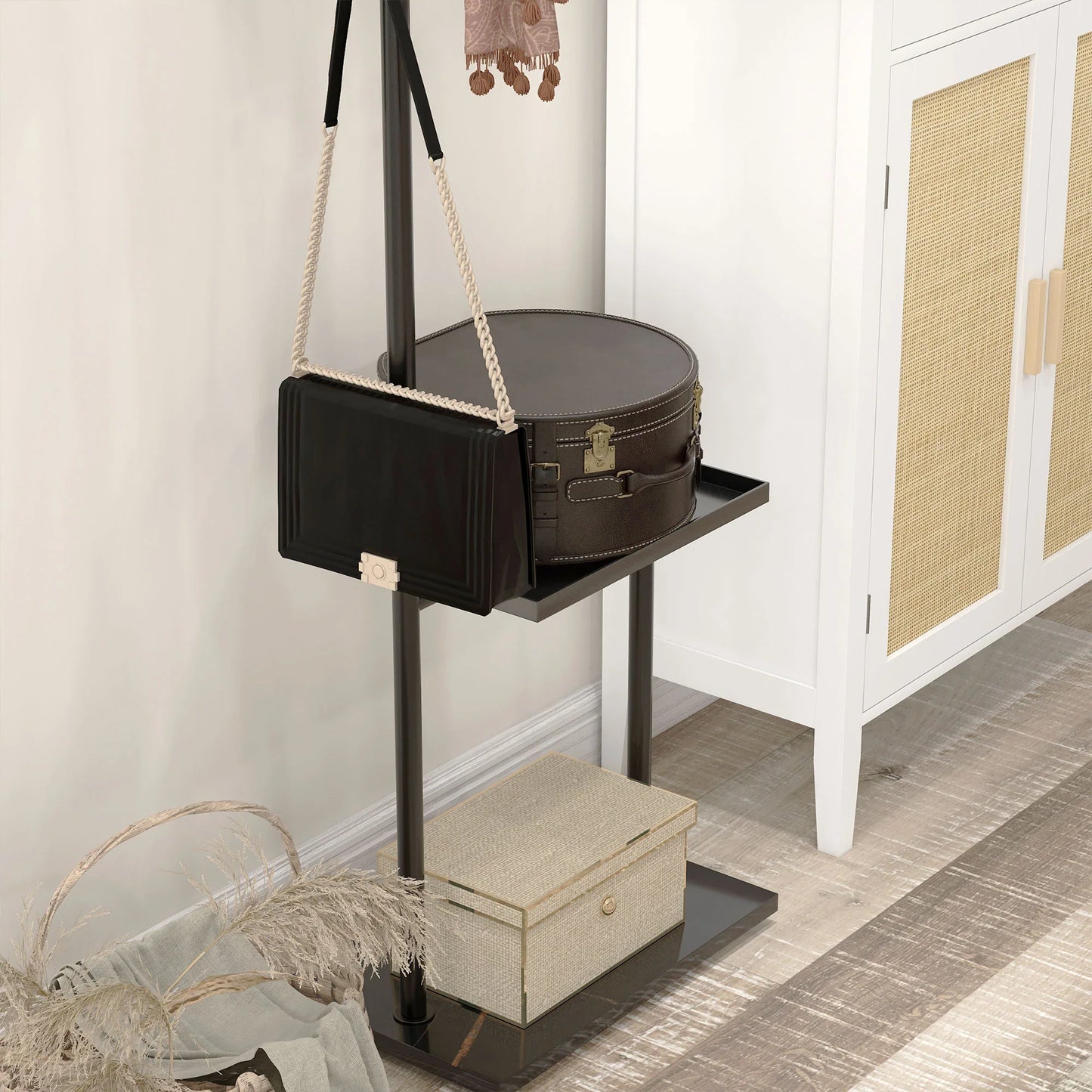 HOMCOM Garderobenständer, Kleiderständer mit Ablagen und Haken, Jackenständer, moderne Garderobe für Kleidung, Hut, Tasche, für Flur, Wohnzimmer, Schwarz