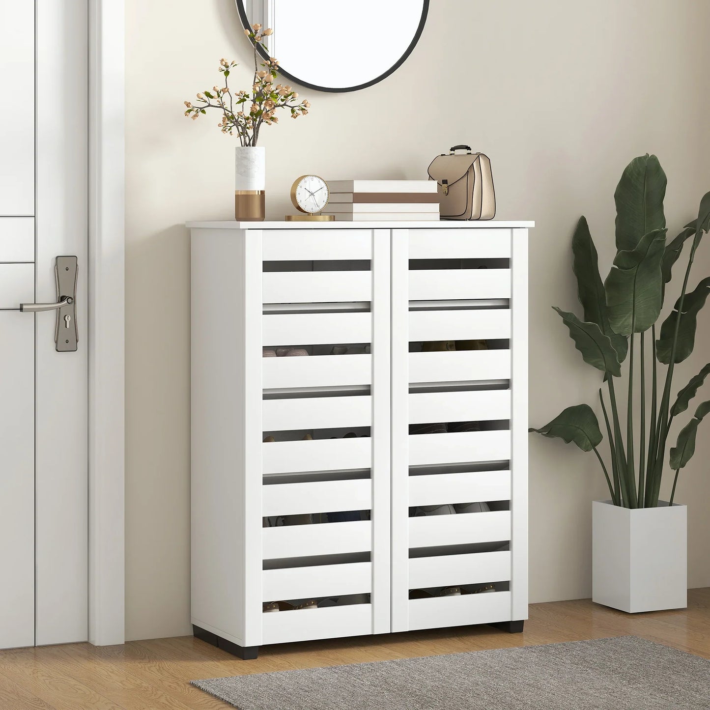 HOMCOM 5-Tier Shoe Cabinet with 4 Adjustable Shelves and Louvered Doors, Modern Space-Saving Wooden Shoe Organizer, 76x33x98 cm, White